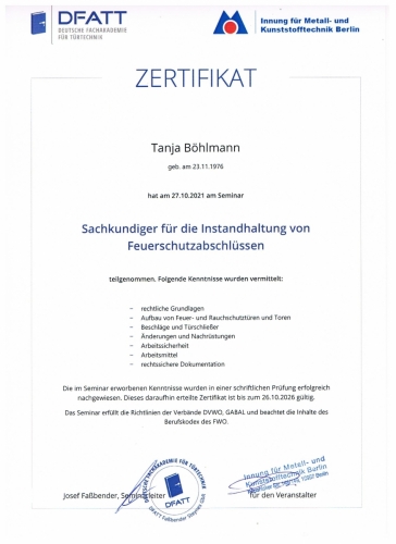 Sachkundiger Feuerschutzabschlüsse Tanja Böhlmann 2021 001