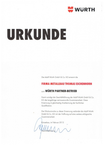 Urkunde Würth-Partnerbetrieb