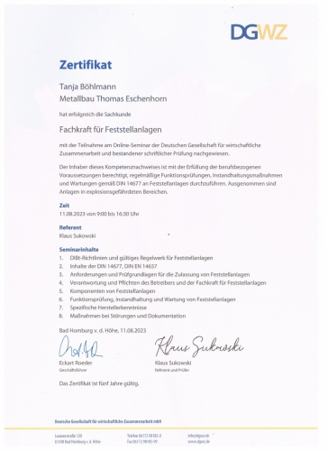 Zertifikat Feststellanlagen nach DIN 14677 Tanja Böhlmann 001