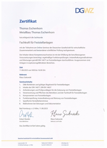 Zertifikat Feststellanlagen nach DIN 14677 Thomas Eschenhorn 001