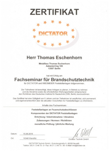 Zertifikat Thomas Eschenhorn Brandschutz