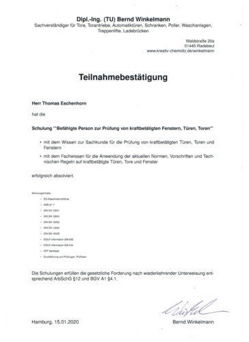 Zertifikat kraftbetätigte Tore Thomas Eschenhorn